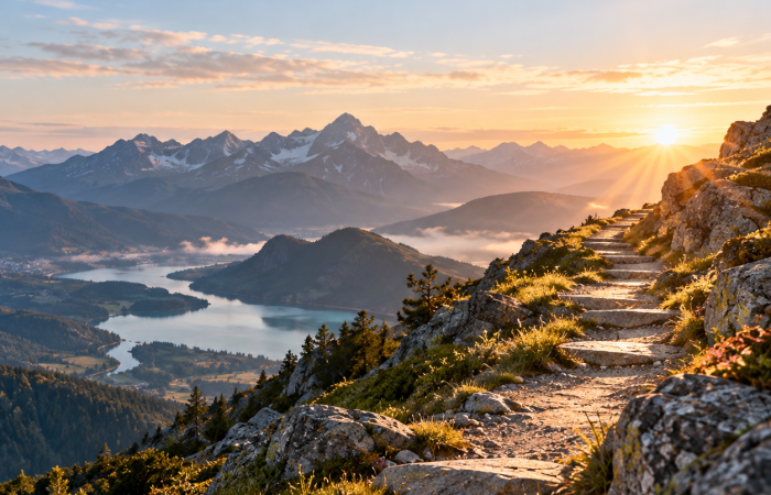 Aufbruchspfad zum goldenen Bergmorgen